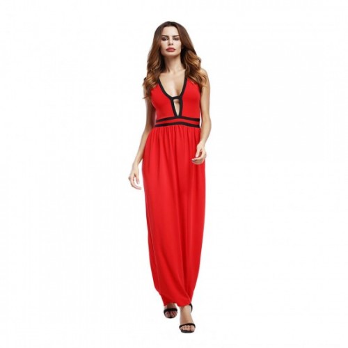 New European Elegant Style Deep V-Neck Long Maxi Dress-Red image