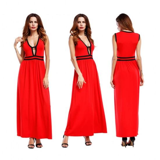 New European Elegant Style Deep V-Neck Long Maxi Dress-Red image
