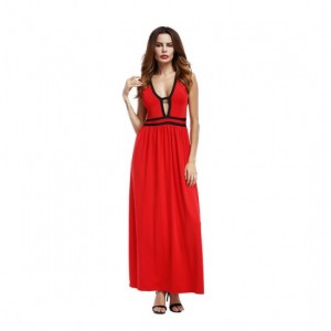 New European Elegant Style Deep V-Neck Long Maxi Dress-Red