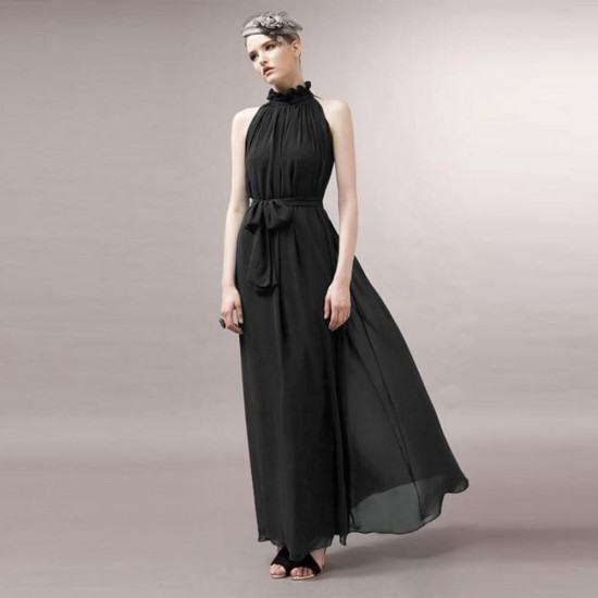 Bohemian Hanging Neck Sleeveless Cotton Long Dress-Black image