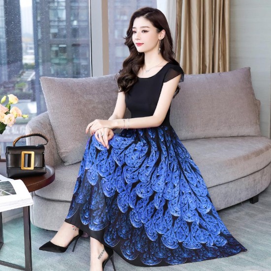 Waves Printed High Waist with Long Section Chiffon Maxi Dress-Blue image