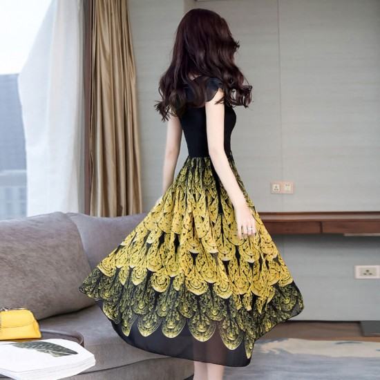 Waves Printed High Waist with Long Section Chiffon Maxi Dress-Yellow image