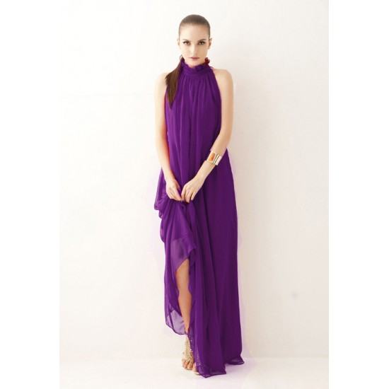 Bohemian Hanging Neck Sleeveless Cotton Long Dress-Purple image