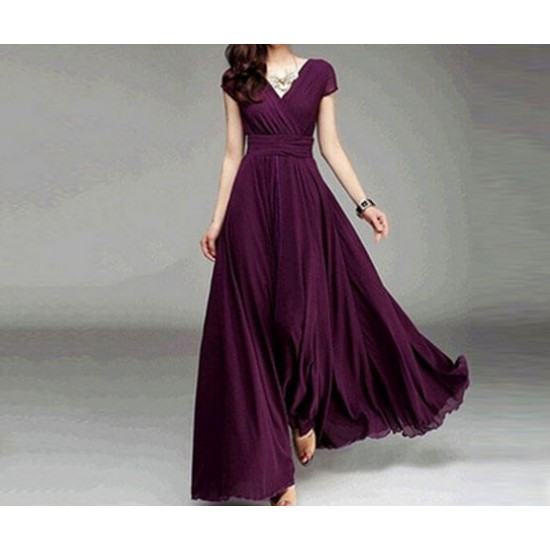 V-Neck Short Sleeved Bohemian Natural Waist Dress-Purple image