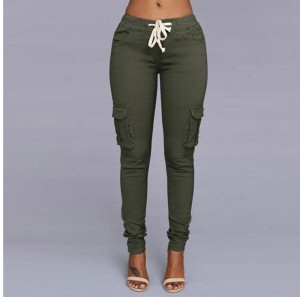 Women's Pocket Drawstring Tie Casual Pencil Elastic Pants-Green