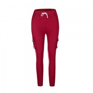 Women's Pocket Drawstring Tie Casual Pencil Elastic Pants-Red