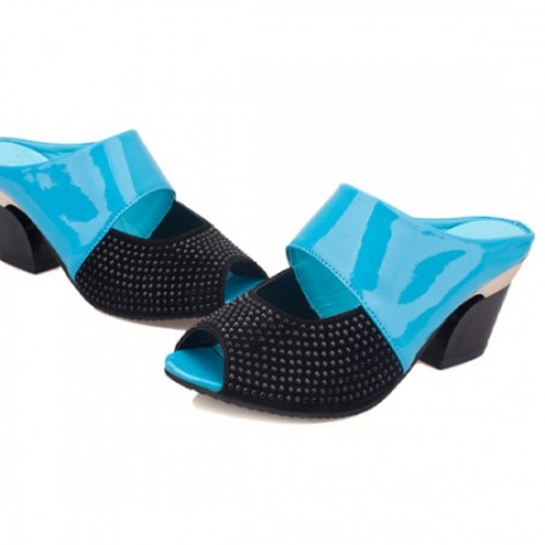 Latest Hollow Rough High Heels Casual Slippers-Blue image