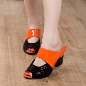 Latest Hollow Rough High Heels Casual Slippers-Orange