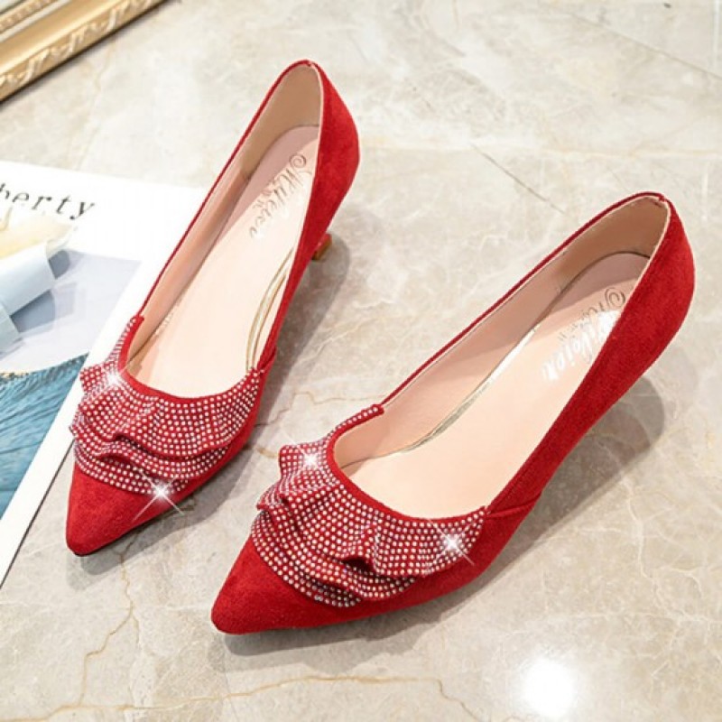 Rhinestone Designed Sweet Shallow Mouth 3cm Low Heel Shoes-Red image