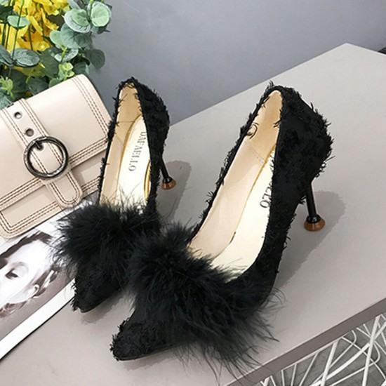 Shallow Mouth New Fluffy Plush Wild Hair Heel Shoes-Black image