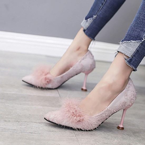 Shallow Mouth New Fluffy Plush Wild Hair Heel Shoes-Pink image