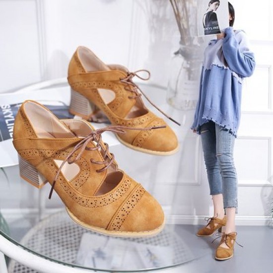 Mid Heeled Breathable Laces Up Leather Women Shoes-Brown image