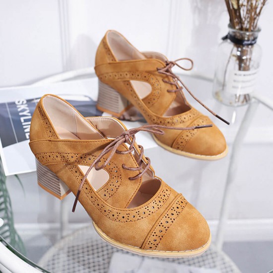 Mid Heeled Breathable Laces Up Leather Women Shoes-Brown image