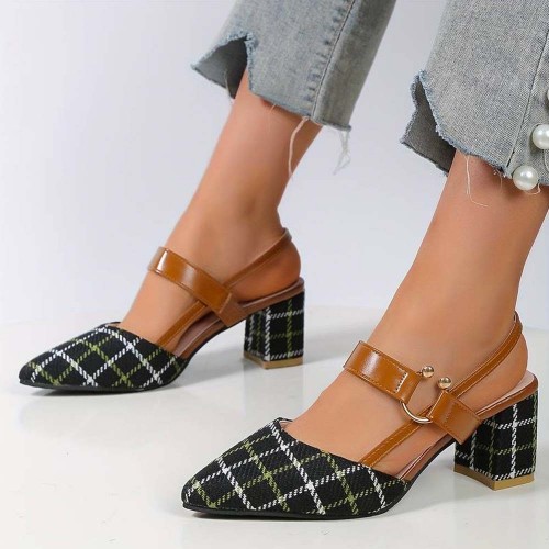 Women's Chunky Block Heels Pointed Toe Buckle Shoes-Black image