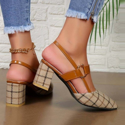Women's Chunky Block Heels Pointed Toe Buckle Shoes-Brown image