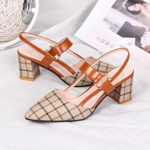 Women's Chunky Block Heels Pointed Toe Buckle Shoes-Brown