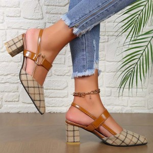 Women's Chunky Block Heels Pointed Toe Buckle Shoes-Brown