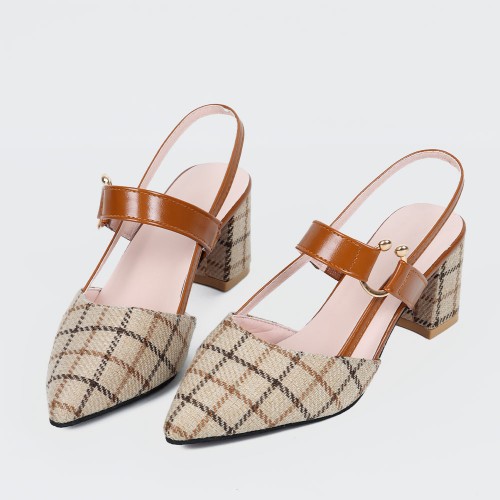 Women's Chunky Block Heels Pointed Toe Buckle Shoes-Brown image