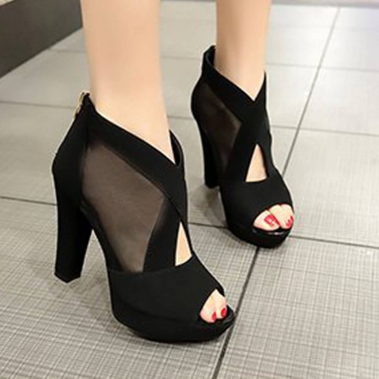 High Heeled Fish Mouth Mesh Women Sandal Shoes - Black image