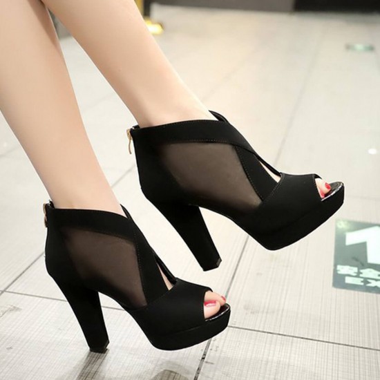 High Heeled Fish Mouth Mesh Women Sandal Shoes - Black image