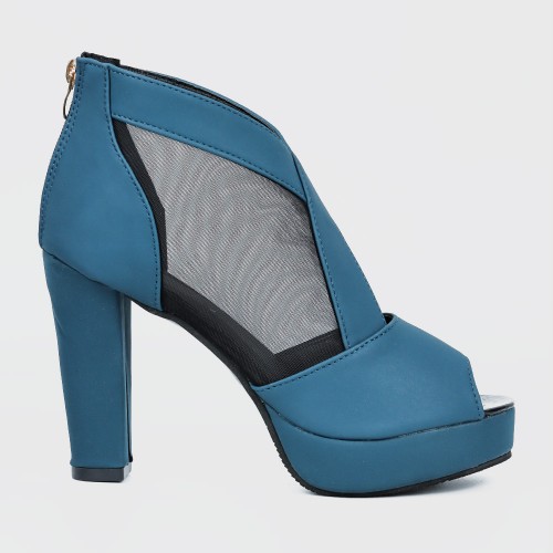 High Heeled Fish Mouth Mesh Women Sandal Shoes - Blue image