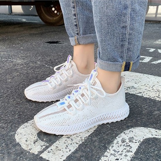 Women Flat Running White Laced Canvas Sneaker - White image
