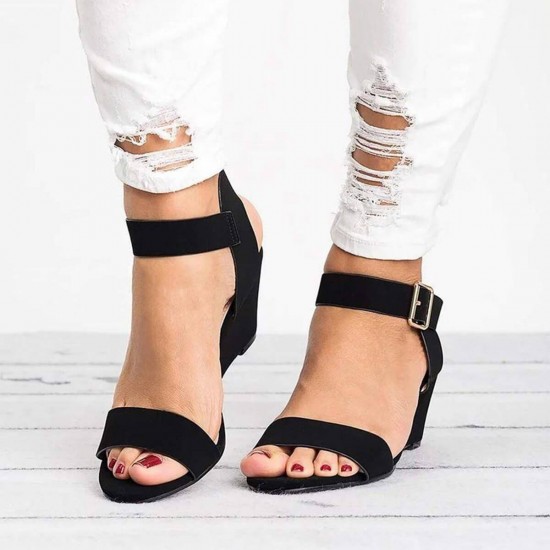 Buy Short Wedge Suede Buckle Strap Ladies Sandals - Black | DressFair.com