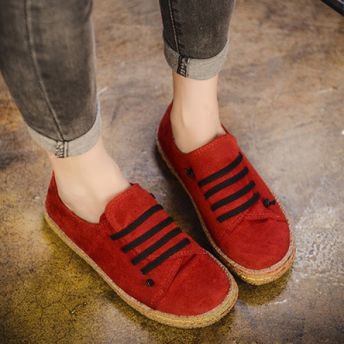 Strip Sole Casual Cotton Round Head Flat Shoes - Red image