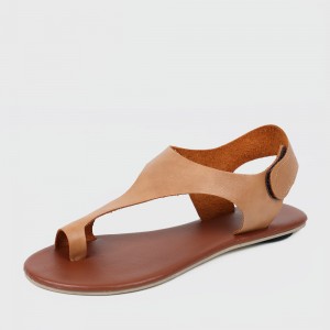 Flat Toe Leather Slide Velcro Sandals - Brown