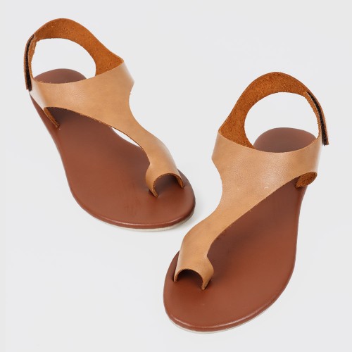 Flat Toe Leather Slide Velcro Sandals - Brown image