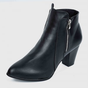 Side Zipper Vintage Block Heel Leather Boots - Black