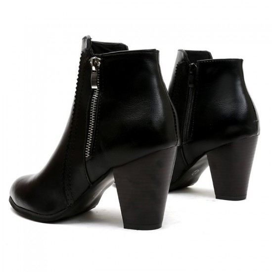 Side Zipper Vintage Block Heel Leather Boots - Black image