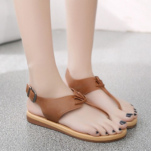 T-bar Flat-Bottomed Comfortable Buckle Sandals - Brown image
