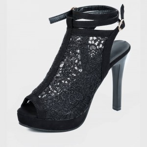 Black Floral Mesh High Heeled Roman Style Sandals - Black