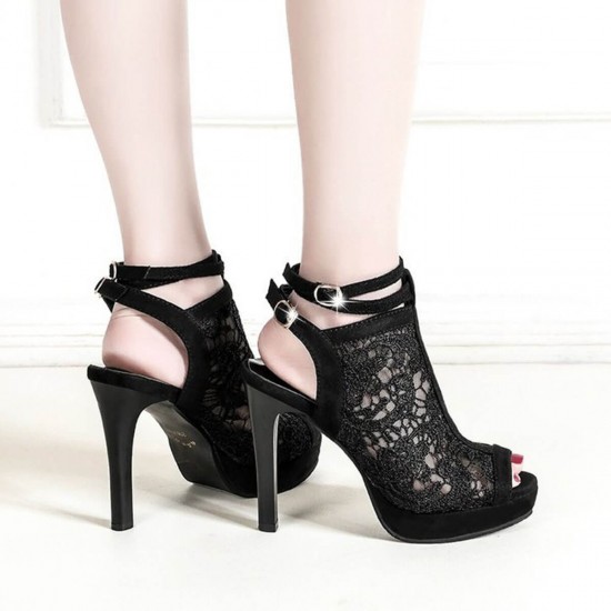Black Floral Mesh High Heeled Roman Style Sandals - Black image