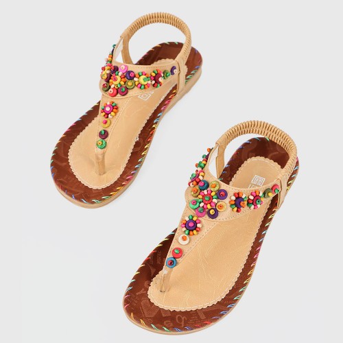 Slip On Bohemian Beaded Flat Women Sandals - Brown image