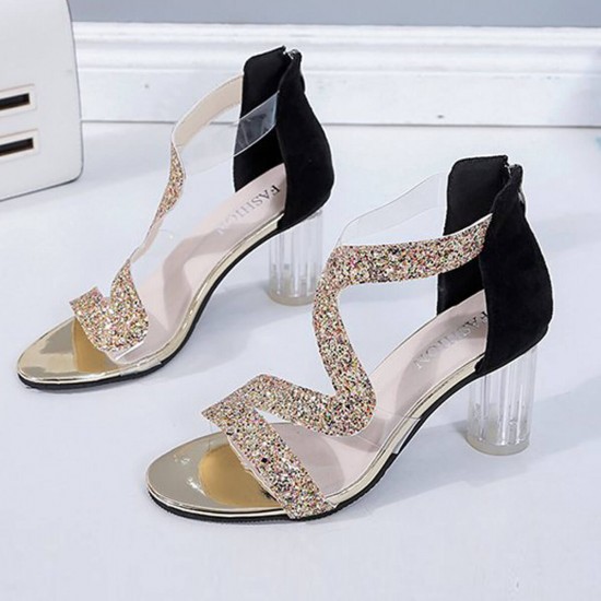 Open Toe Crystal Transparent High Heel Sandals - Gold image