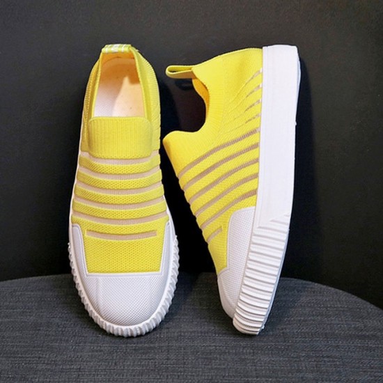 Mesh Breathable Strips Pattern Walking Sneakers - Yellow image