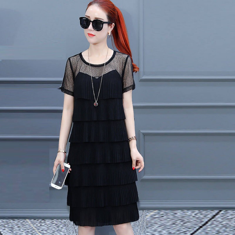 Fairy Short Sleeve Ruffled Tiered Midi Dress - Black image