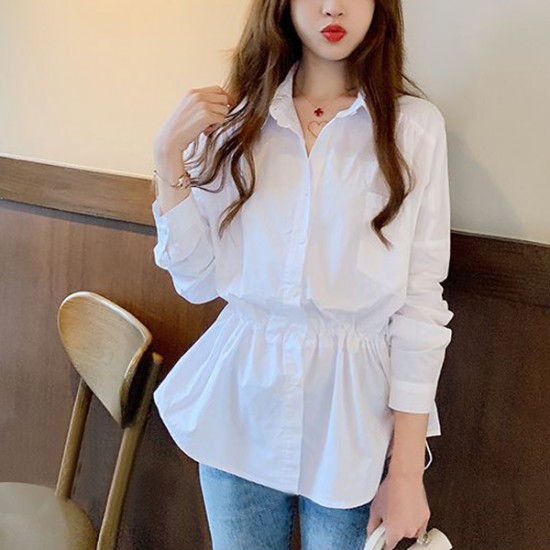 Long Sleeve Fairy High Elastic Waist Collar Shirt - White image