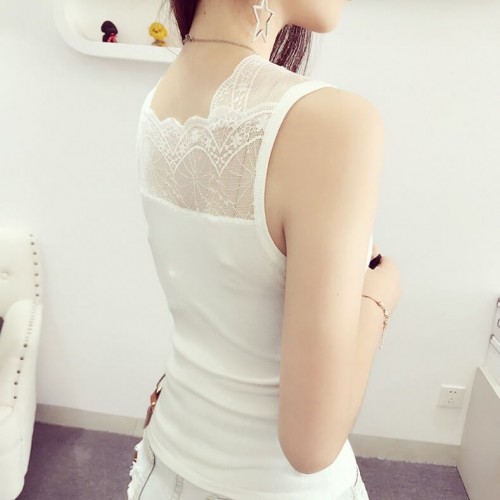 Slim Fit Solid Color V Neck Lace Stitching Shirt - White image