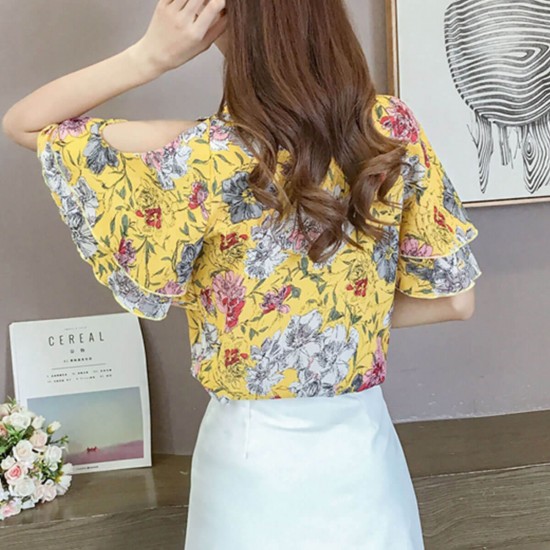 Floral Print Off Shoulder Casual Chiffon Blouse - Yellow image