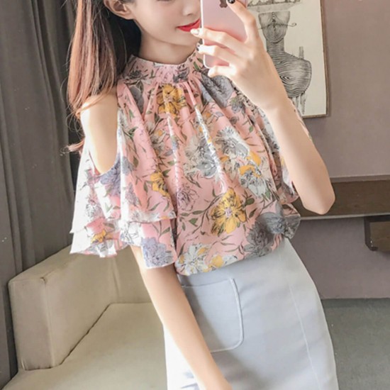 Floral Print Off Shoulder Casual Chiffon Blouse - Pink image