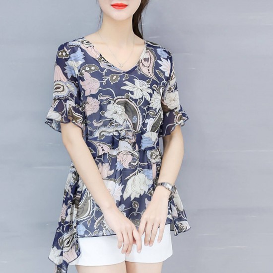 Elegant Short Sleeve Floral Print Buckle Waist Shirt - Blue image