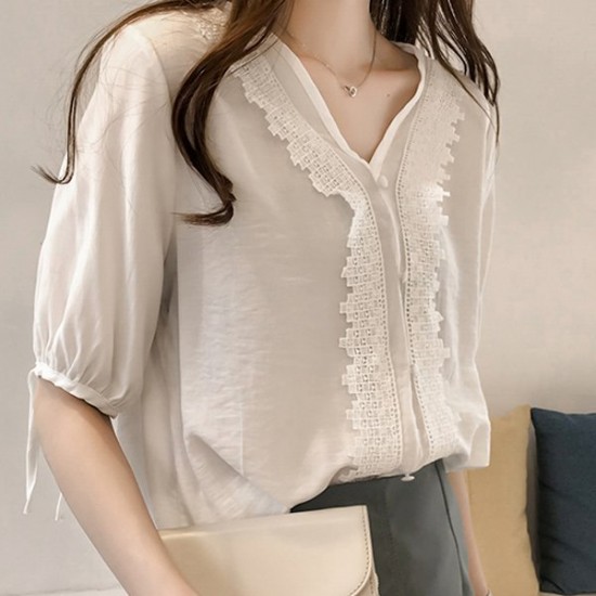 V-neck lace design Patched Buttons Up Shirt - White image