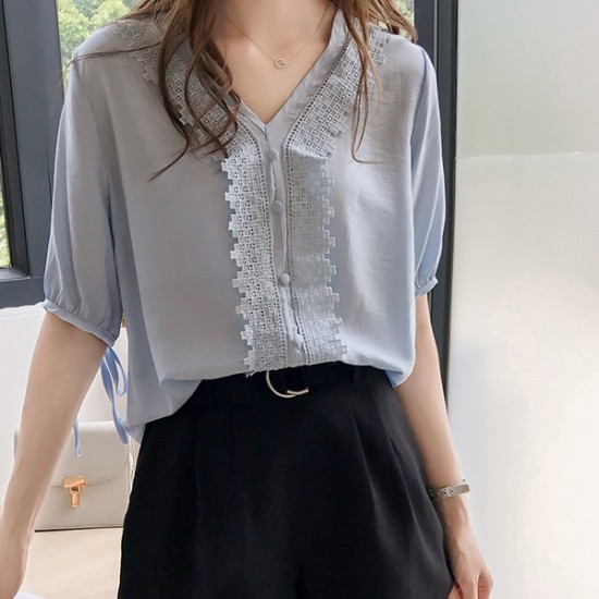 V-neck lace design Patched Buttons Up Shirt - Grey image