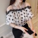 Sweet Lace Polka Dot Print Net Shoulder Casual Blouse - Black image