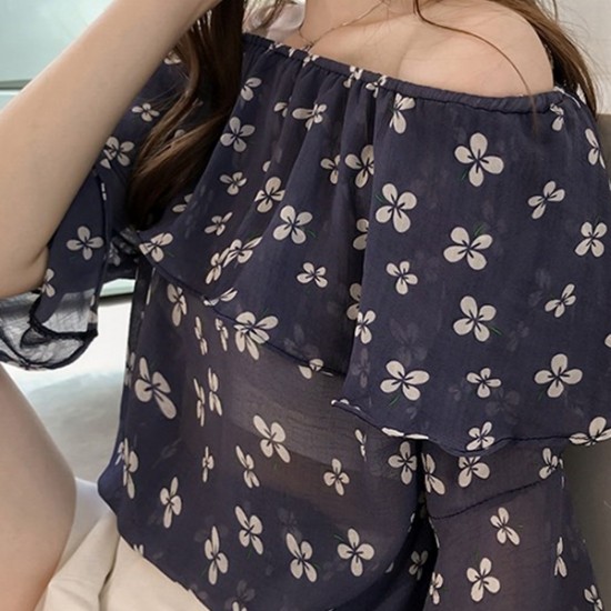 Delicate Off Shoulder floral chiffon blouse - Black image