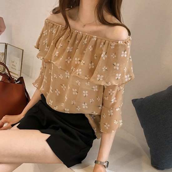 Delicate Off Shoulder floral chiffon blouse - Brown image