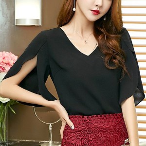 Women's Loose Butterfly Sleeves V-neck Casual Shirt - Black